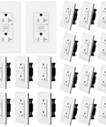 Top Shelf 20 Pack Of 20 Amp Gfci Outlets Featuring Built Tough Weather Resistant Housings And Quick Self Test Triggers For No Drama Outdoor Ground Fault Protection With Wallplates And Screws Included, white GFCI outlets arranged.