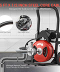 75 Ft X 1/2 In Electric Drain Cleaner Auto Feed Sewer Snake Auger 450W with solid steel core cable and high-speed motor.