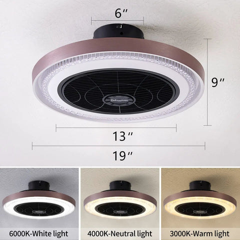 19 Inch Enclosed Ceiling Fan With Lights showing 6 speeds, low profile flush mount, 3 color finishes, in living room setting.
