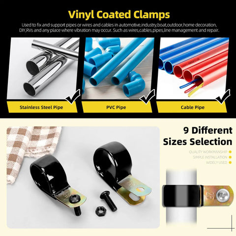 160 Piece Heavy Duty Vinyl Coated Cable Clamp Kit with Screws showing clamps, pipes, and size options for pipes, tubes, cables