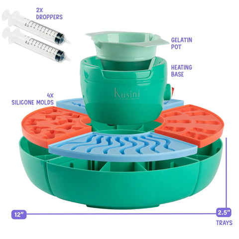 Ultimate Gummy Candy Making Kit For Home Use With Four Mold Shapes And Heating Base, includes syringes and gelatin pot