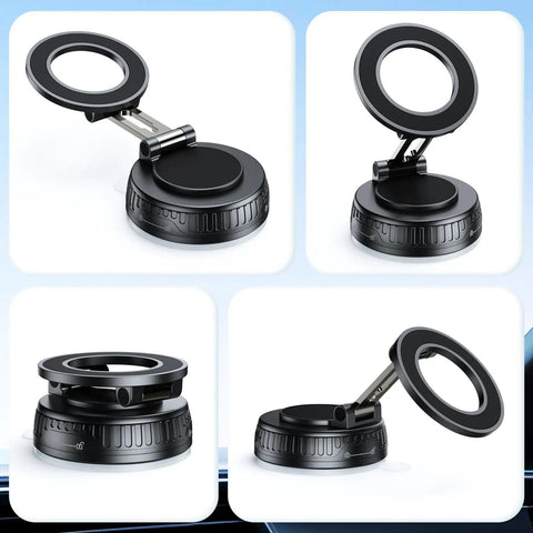 Various views of a vacuum magnetic car phone holder for MagSafe with 120 plus pounds of grip, 360 degree rotating base, and 210 degree adjustable arm.