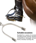 Stainless Steel Horse Spurs With Smooth Roller Ball For Boots Western Cowboy Equestrian Gear English Spur For Training Dressage Ranch Riding Recreation 2 Pack shown with boot