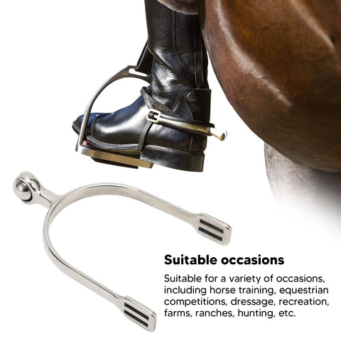 Stainless Steel Horse Spurs With Smooth Roller Ball For Boots Western Cowboy Equestrian Gear English Spur For Training Dressage Ranch Riding Recreation 2 Pack shown with boot