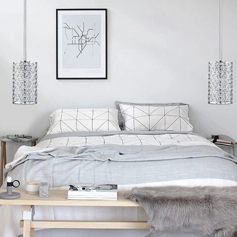 Two Crystal Flush Mount Ceiling Light, 1 Light, Bulb Included, Silver Chrome Finish fixtures hanging in a modern bedroom
