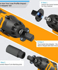 Grab This Epic 4 Pc Low Profile Socket Adapter Set For Serious Ratchet Impact Work With Recced Square Drive And Strong Magnets To Stop Striping And Slippage Totally Solid Stainless Steel Gear Your Mechanic Crew Will Love. infographic showing low profile impact socket adapter use with magnet hold