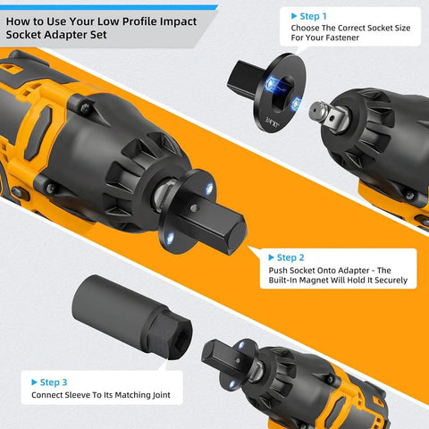 Grab This Epic 4 Pc Low Profile Socket Adapter Set For Serious Ratchet Impact Work With Recced Square Drive And Strong Magnets To Stop Striping And Slippage Totally Solid Stainless Steel Gear Your Mechanic Crew Will Love. infographic showing low profile impact socket adapter use with magnet hold