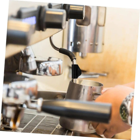 Close-up of espresso machine with steam pipe and foam pitcher using Heat Sleeve For Steam Pipe Rubber Cover For Espresso Machine Insulation Kit No Sweat Easy Replacement Safe Insulation For Pipes Durable Heat Shield Simple Install Ideal Pipe Insulation Cover For Home Use.