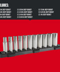 Deep Socket Set 1/2-Inch Drive SAE 12-Point, 11-Piece Workhorse with corrosion-resistant chrome finish on a black tray