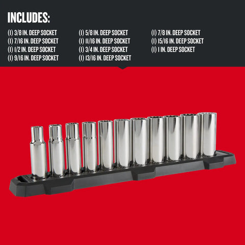 Deep Socket Set 1/2-Inch Drive SAE 12-Point, 11-Piece Workhorse with corrosion-resistant chrome finish on a black tray