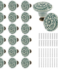 Slick Green Ceramic Cabinet Knobs, Retro Drawer Pulls For Kitchen Cabinets And Dressers, Vintage Furniture Handle Set Including Mounting Hardware, 34 Millimeter Diameter Pieces with flower patterns.