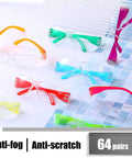 64 Pairs Clear Safety Glasses Set With Anti Fog Lenses, Scratch Resistant, Impact Resistant Eye Gear in various colors on tile