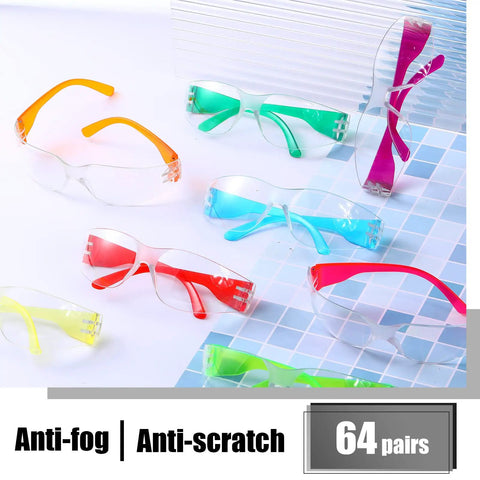 64 Pairs Clear Safety Glasses Set With Anti Fog Lenses, Scratch Resistant, Impact Resistant Eye Gear in various colors on tile