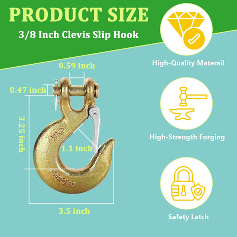 Beefed Up Heavy Duty Slip Hook 4 Pack Grade 70 Forged Steel Clevis Chain Hook With Safety Latch For Trailer And Truck Chains 18000 Lbs Working Load Limit Tow Hook, 3/8 inch measurements and features