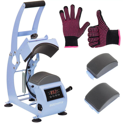 Dope Curved Hat Heat Press Machine with 6.54 by 3.84 inch plate, safety base, hat stretcher, pads, gloves shown in blue and black.