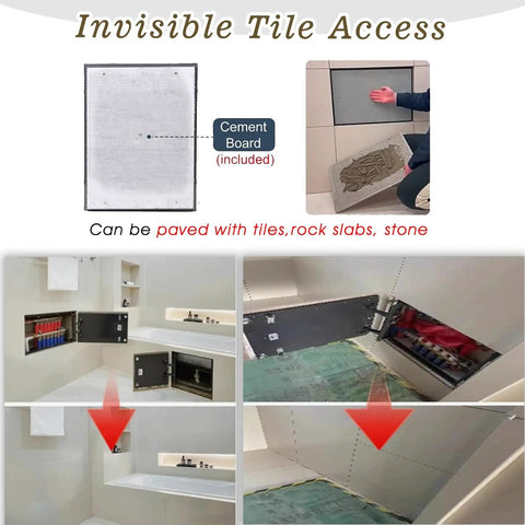 No Hassle Waterproof Drywall Access Panel Featuring Sleek Concealed Tile Finish For HVAC Systems And Sprinkler Valves Custom Size Flush Mount Door shown with cement board inset.