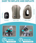 Inflatable Travel Neck Pillow For Airplanes Trains And Cars With Ergonomic 45 Degree Support For Head And Chin And Upper Body Cozy Comfort On Tray Tables Grey, showing easy inflation and deflation process with dimensions.