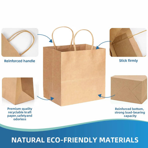 250 Pack Brown Kraft Paper Bags With Two Sturdy Handles 14x10x15.5 Inch Large Gift Bags with reinforced features infographic