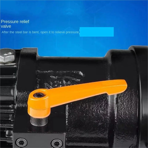Heavy Duty 16mm Rebar Cutter And Hydraulic Bender Machine pressure relief valve with orange handle for efficient operation.
