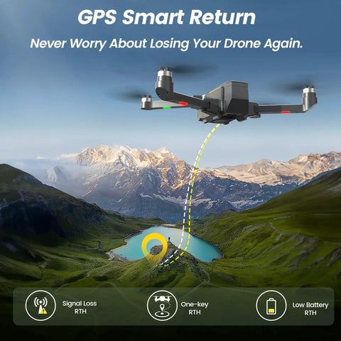 4K Drone With Camera For Beginners Easy To Fly Foldable GPS FPV Quadcopter displayed with smart return feature in mountain landscape