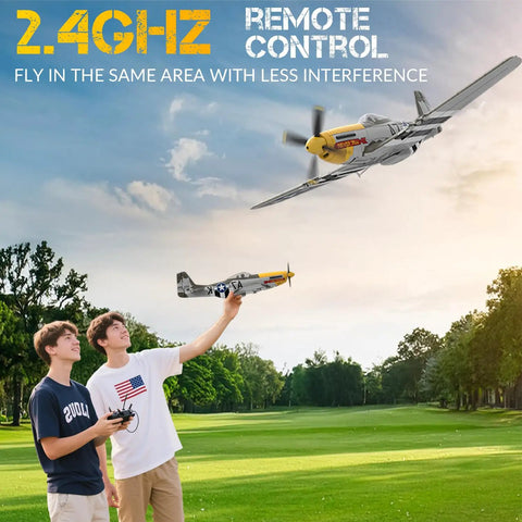 Two people flying Powerful Brushless RC Plane For Adults With 4 Channel P51D Mustang RC Airplane 500mm Wingspan outside.