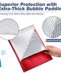 Hand opening Metallic Matte Red Bubble Mailers 4 By 8 Inch Padded Envelopes with thick bubble padding shown inside.
