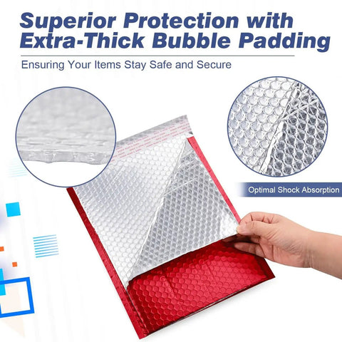 Hand opening Metallic Matte Red Bubble Mailers 4 By 8 Inch Padded Envelopes with thick bubble padding shown inside.