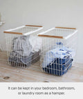 Two Tosca Style Laundry Baskets with Wooden Handles holding clothes, lightweight sturdy steel frame, 15 inch capacity