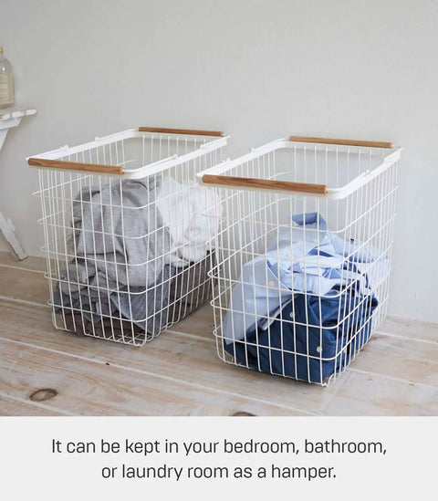 Two Tosca Style Laundry Baskets with Wooden Handles holding clothes, lightweight sturdy steel frame, 15 inch capacity