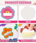 90Pcs Hibiscus Flower Name Tag Stickers Set With 9 Dope Styles Colorful Floral Blank Nameplates Self Adhesive Labels with colorful designs, label, and adhesive back shown.