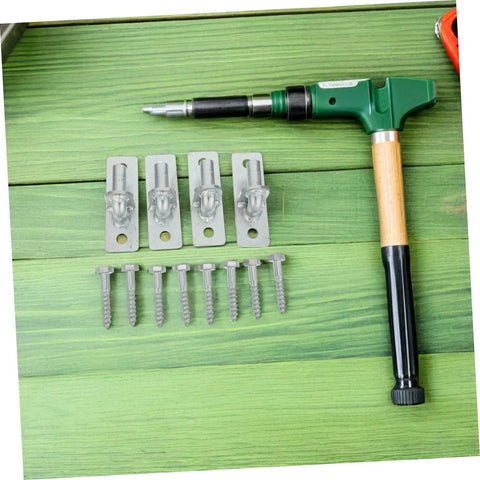 Top Shelf Wall Mounted Gate Hinges 4 Pack Swinging Barn Door Brackets with screws and installation tool on green wood.
