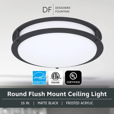Sleek 16 Inch Round LED Flush Mount Ceiling Light Dimmable 1800 Lumens With 3000K 4000K 5000K Color Temperature Matte Black