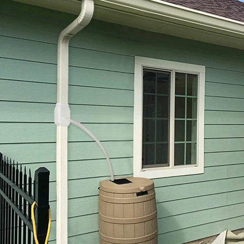 Downspout Diverter for 2x3 Standard Gutters Fits 2x3 Downspouts, Collect Rainwater Into Your Rain Barrel, Eco Friendly Garden Watering System, No Fuss Install, Maximize Harvested Rain And Cut Water Bills, white diverter on downspout with hose to rain barrel