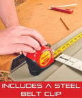 Person using Exact Retractable Imperial And Metric Pocket Tape Measure With Nylon Coating Self Adjusting End Hook Steel Belt Clip Half Inch Wide Twelve Foot Length Heavy Duty Built To Last ABS Case on a wooden surface
