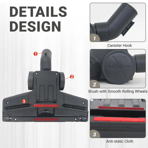 Universal 1.25 Inch 32mm Vacuum Cleaner Brush Head With Dual On Floor And Carpet Modes showing canister hook and anti-static cloth