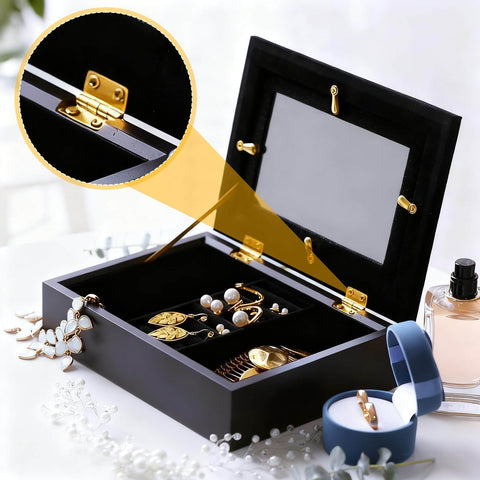 Gold Brass Tiny Hinges For Jewelry Boxes And Miniatures DIY Projects Includes 100 Hinges And 400 Screws 8 By 10 Millimeters With 6.5 By 5 Millimeter Hole Spacing Ideal For DIYers Wooden Boxes Cabinets And Miniature Furniture installed on a black jewelry box.
