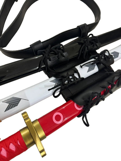 Close-up of 3 Sword Holder Belt Bag For Katana And Ninja Swords Adjustable Leather Holster Case With Frog Strap Ring