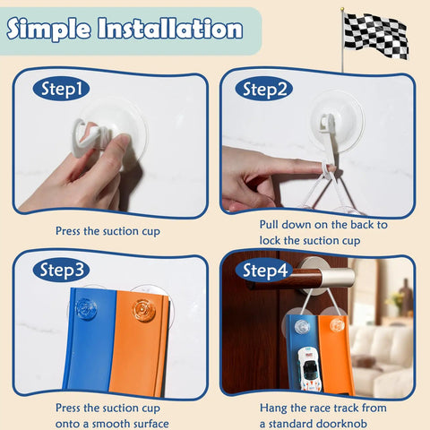 Simple installation steps for 15 Ft Flexible Race Track For Kids 3 Plus Roll Up Portable Starter Set With Strong Suction Cups