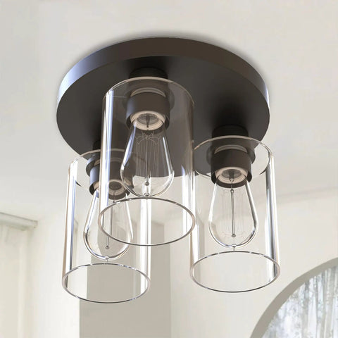 Modern Farmhouse 3 Light Flush Mount Ceiling Light Fixture With Clear Glass Shade In Dark Bronze Finish For Hallway Entryway