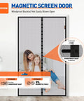 Magnetic Screen Door For 72 By 96 Inch Opening Fits 74 By 97 Screen Heavy Duty Fiberglass Mesh With Strong Magnets shown installed with family.