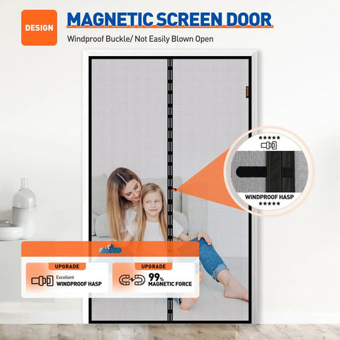 Magnetic Screen Door For 72 By 96 Inch Opening Fits 74 By 97 Screen Heavy Duty Fiberglass Mesh With Strong Magnets shown installed with family.