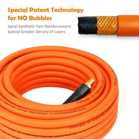 Close-up of orange 50 ft hybrid hose from 20-Piece Pro Grade Air Compressor Accessory Kit With 50 Foot Hybrid Hose, One Quarter Inch NPT Quick Connect Fittings, Tire Gauge, Chuck, Blow Gun, Swivel Plugs, Inflation Needles And More For Home And Shop Use