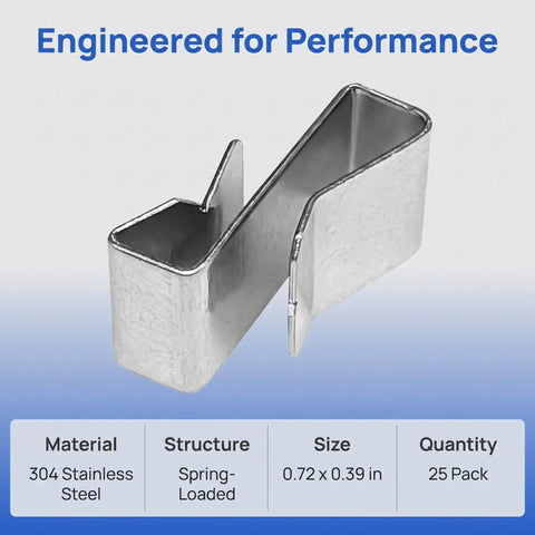 Heavy Duty Trailer Wire Clamps 25 Pack Stainless Steel Cable Management Brackets for securing cables, 0.72 inch size, spring-loaded.