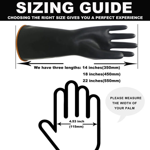Sizing guide for Heavy Duty 18 Inch Latex Work Gloves With Rock Solid Chemical Resistance showing length and palm width.