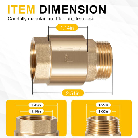 Brass check valve, side view, 1 in NPT male to 1 in FNPT female for irrigation/well water systems