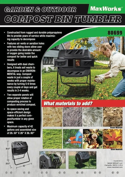 Dual Chamber Compost Tumbler With 42 Gallon Capacity And No-Fuss Aerated Rotating Drum On A Sturdy Steel Frame For Continuous Batch Processing displayed on a brochure