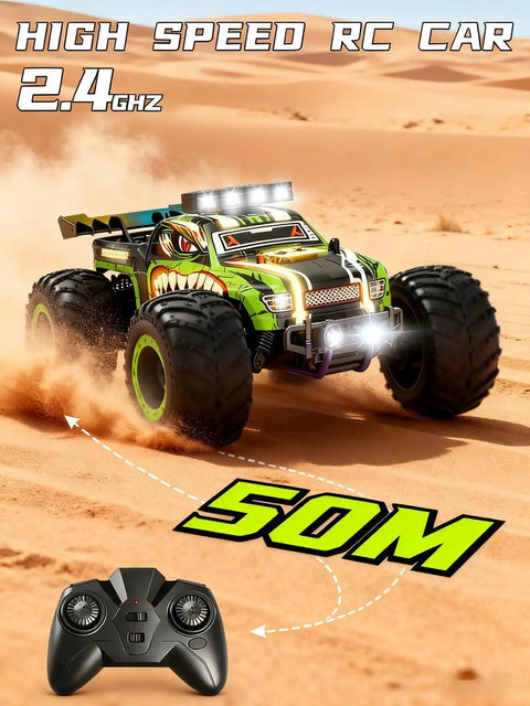 Rugged Dino Theme RC Monster Truck For Kids Ages 4 To 12 racing on sand with remote control in view.