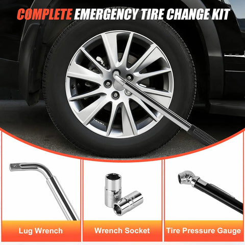 Complete emergency tire change kit featuring a lug wrench and sockets next to a car wheel, ideal for quick repairs.