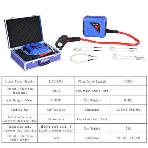 Solid 1800W Induction Heater Bolt Removal Tool with 4 Coils and Toolbox, showing induction heater with coils and specs.