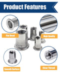 Stainless Steel Rivet Nut Assortment Kit With 505 Pieces featuring flat head and knurled surface details.